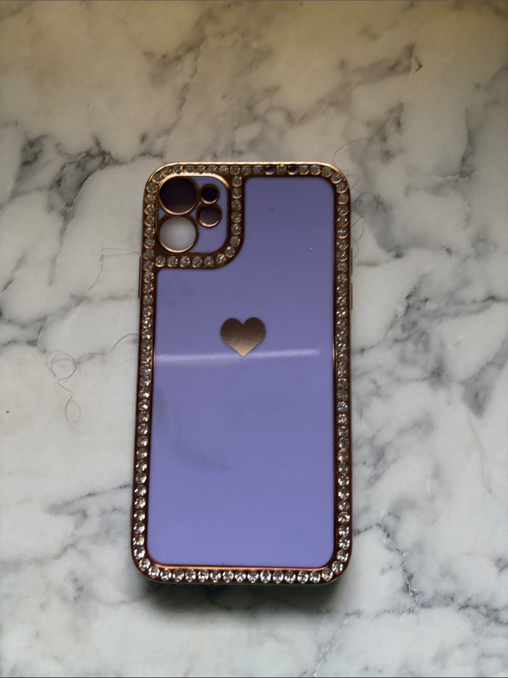 Apple Purple Phone Case with Gold Heart and Rhinestone Frame